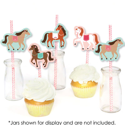 Run Wild Horses - Paper Straw Decor - Pony Birthday Party Striped Decorative Straws - Set of 24