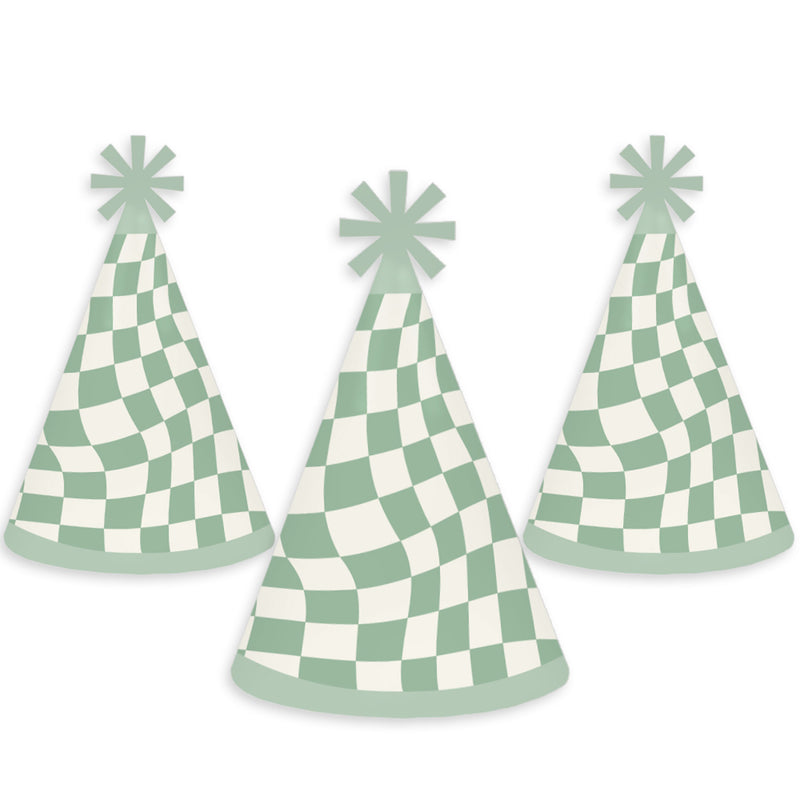 Sage Green Checkered Party - Cone Happy Birthday Party Hats for Kids and Adults - Set of 8 (Standard Size)