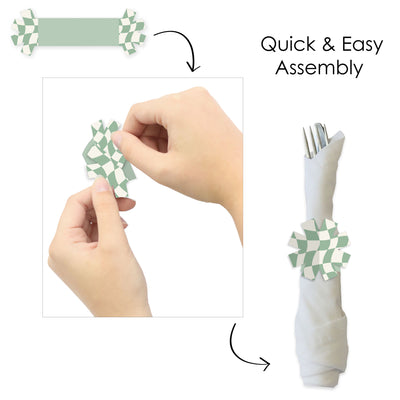 Sage Green Checkered Party - Paper Napkin Holder - Napkin Rings - Set of 24