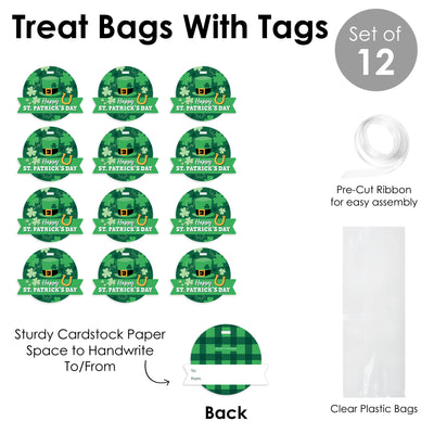 Shamrock St. Patrick's Day - Saint Paddy’s Day Party Clear Goodie Favor Bags - Treat Bags With Tags - Set of 12