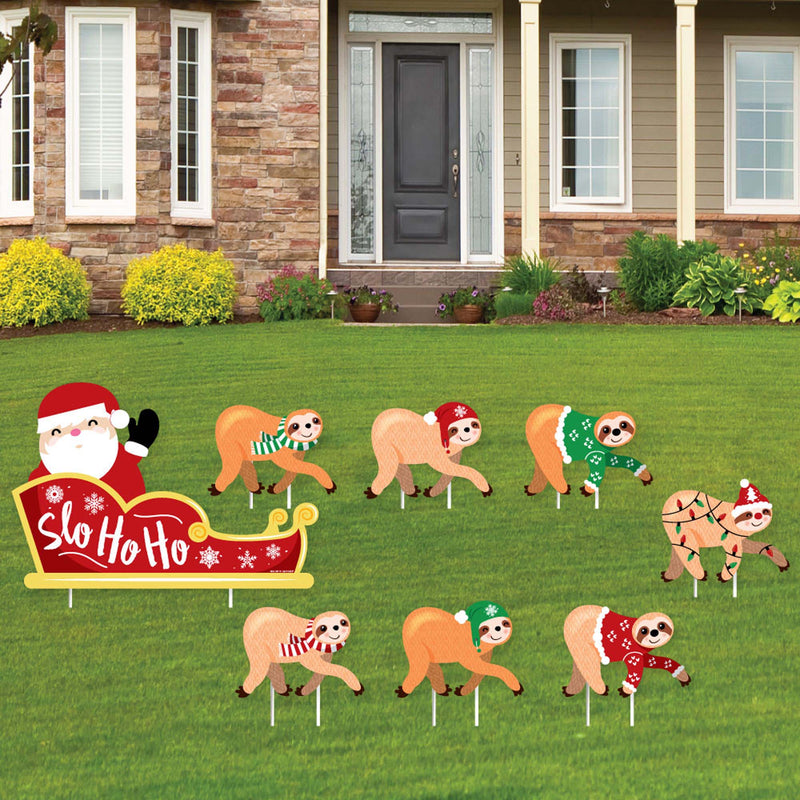 Sloth Christmas Sleigh - Yard Sign and Outdoor Lawn Decorations - Merry Slothmas Holiday Party Yard Signs - Set of 8