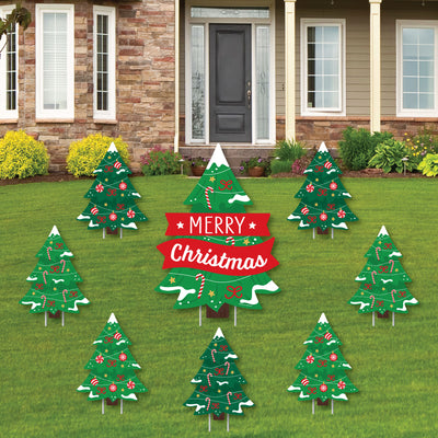 Snowy Christmas Trees - Yard Sign and Outdoor Lawn Decorations - Classic Holiday Party Yard Signs - Set of 8