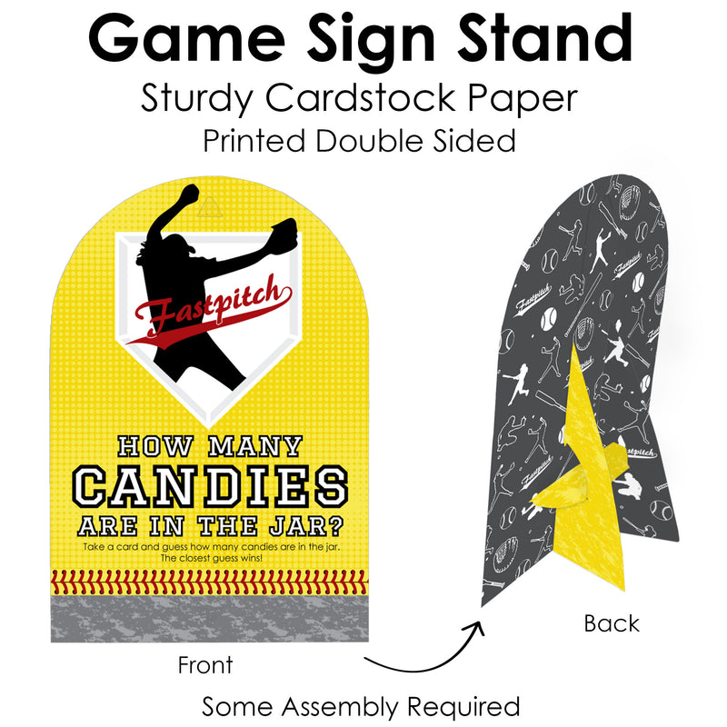Grand Slam - Fastpitch Softball - How Many Candies Birthday Party or Baby Shower Game - 1 Stand and 40 Cards - Candy Guessing Game