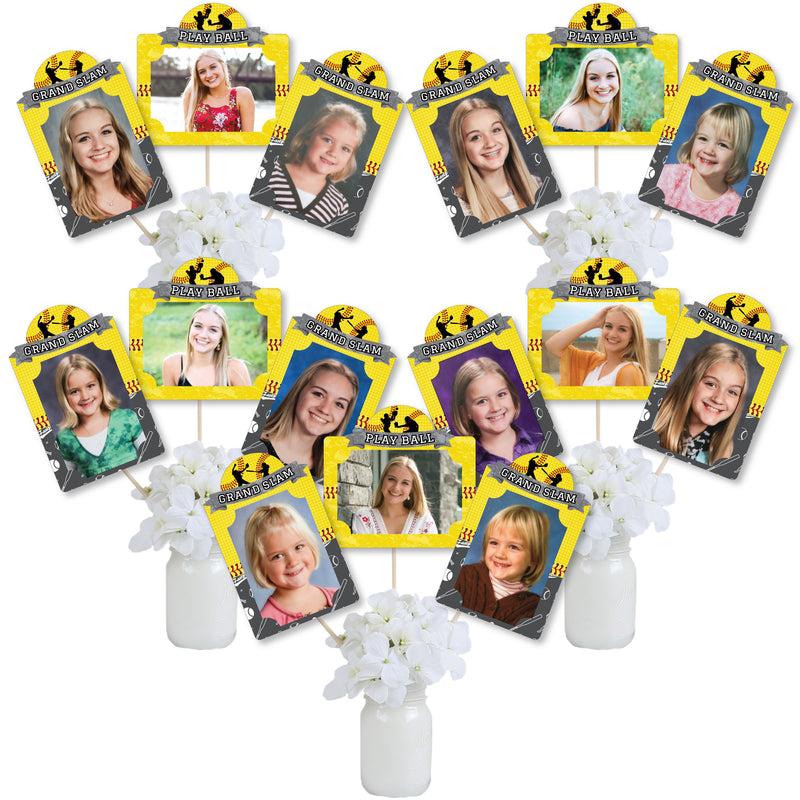 Grand Slam - Fastpitch Softball - Birthday Party or Baby Shower Picture Centerpiece Sticks - Photo Table Toppers - 15 Pieces