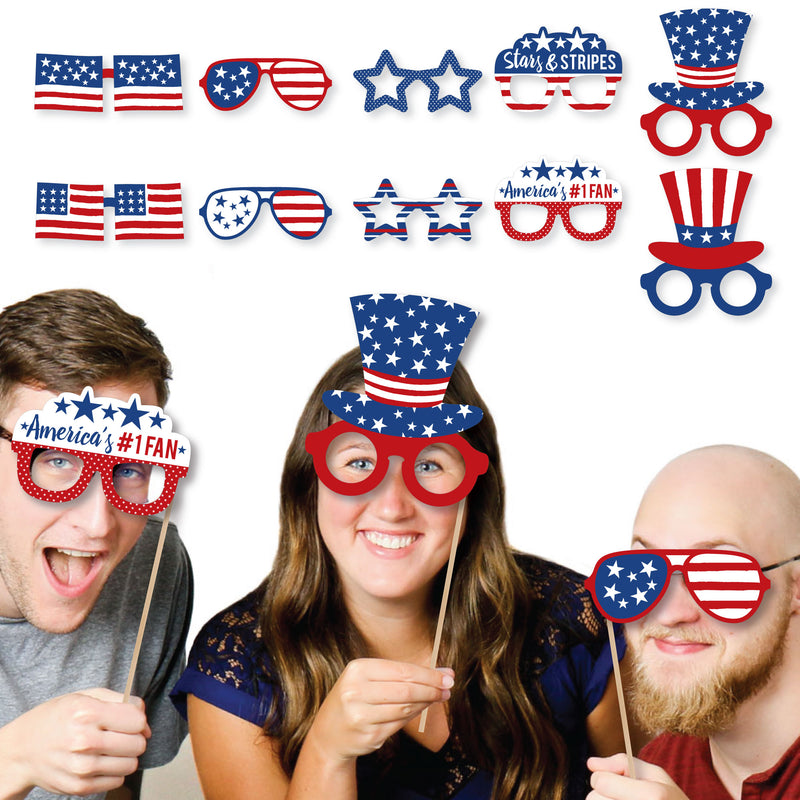 Stars & Stripes Glasses - Paper Card Stock Patriotic Party Photo Booth Props Kit - 10 Count