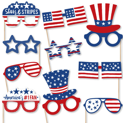 Stars & Stripes Glasses - Paper Card Stock Patriotic Party Photo Booth Props Kit - 10 Count