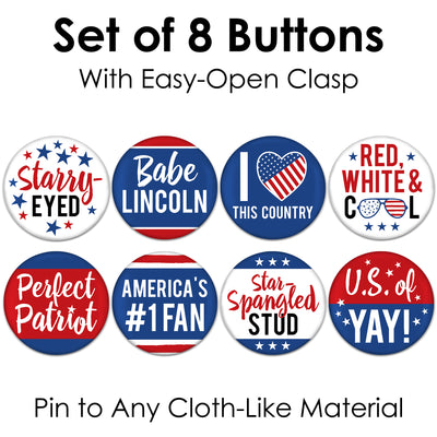 Stars & Stripes - 3 inch Patriotic Party Badge - Pinback Buttons - Set of 8
