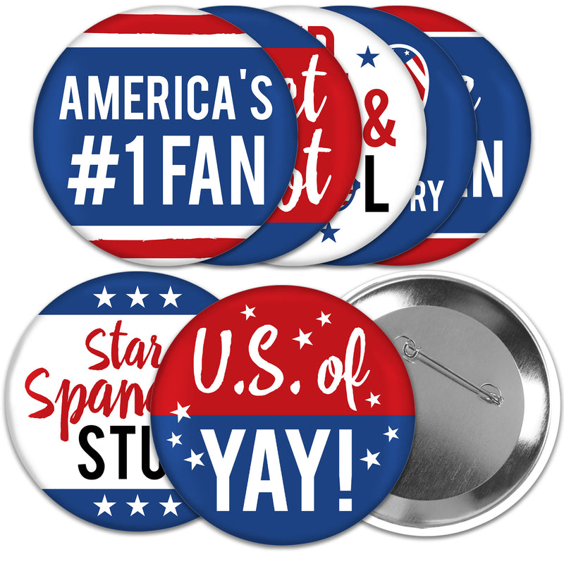 Stars & Stripes - 3 inch Patriotic Party Badge - Pinback Buttons - Set of 8