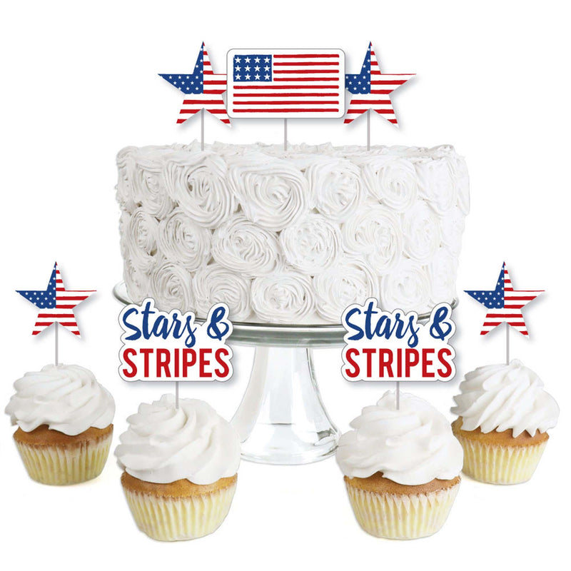 Stars and Stripes - Dessert Cupcake Toppers - Memorial Day, 4th of July and Labor Day USA Patriotic Party Clear Treat Picks - Set of 24