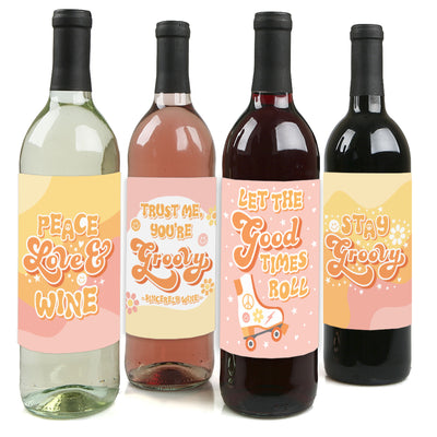 Stay Groovy - Boho Hippie Party Decorations for Women and Men - Wine Bottle Label Stickers - Set of 4