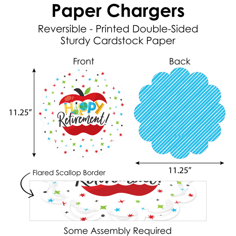 Teacher Retirement - Happy Retirement Party Paper Charger and Table Decorations - Chargerific Kit - Place Setting for 8