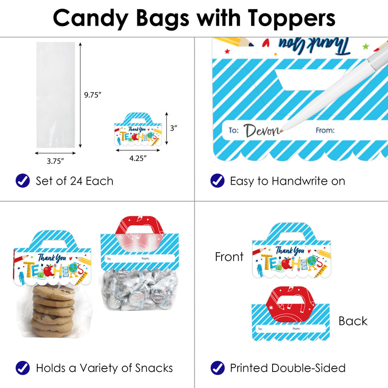 Thank You Teachers - DIY Teacher Appreciation Clear Goodie Favor Bag Labels - Candy Bags with Toppers - Set of 24