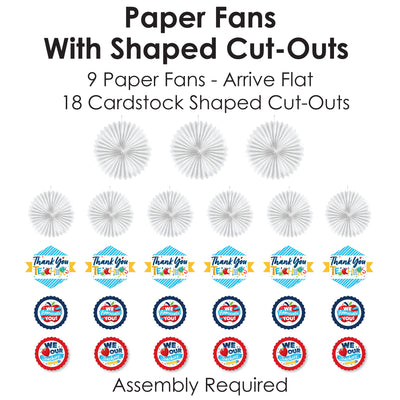 Thank You Teachers - Hanging Teacher Appreciation Tissue Decoration Kit - Paper Fans - Set of 9