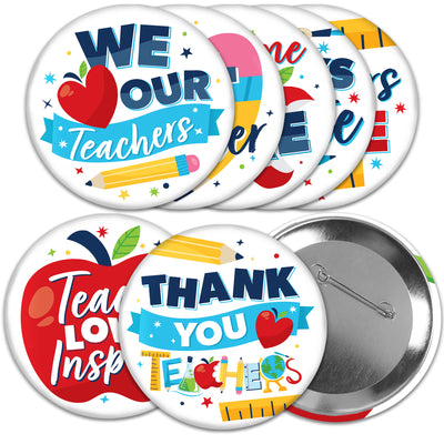 Thank You Teachers - 3 inch Teacher Appreciation Badge - Pinback Buttons - Set of 8
