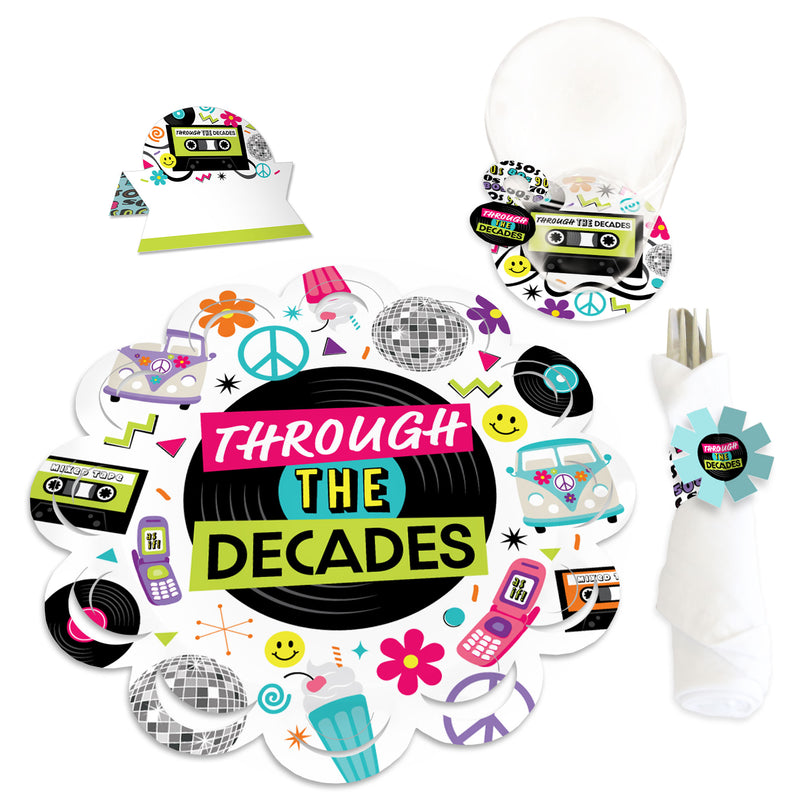 Through the Decades - 50s, 60s, 70s, 80s, and 90s Party Paper Charger and Table Decorations - Chargerific Kit - Place Setting for 8