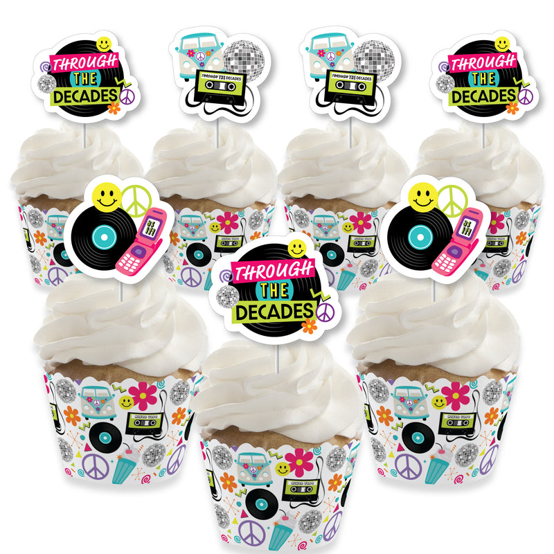 Through the Decades - Cupcake Decoration - 50s, 60s, 70s, 80s, and 90s Party Cupcake Wrappers and Treat Picks Kit - Set of 24