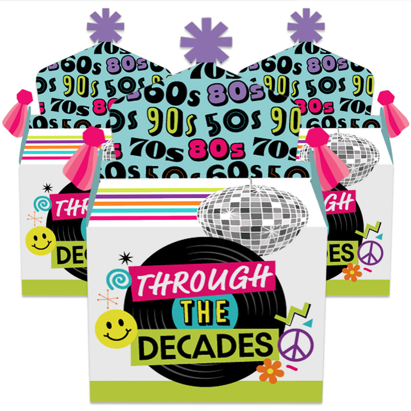 Through the Decades - Treat Box Party Favors - 50s, 60s, 70s, 80s, and 90s Party Goodie Gable Boxes - Set of 12