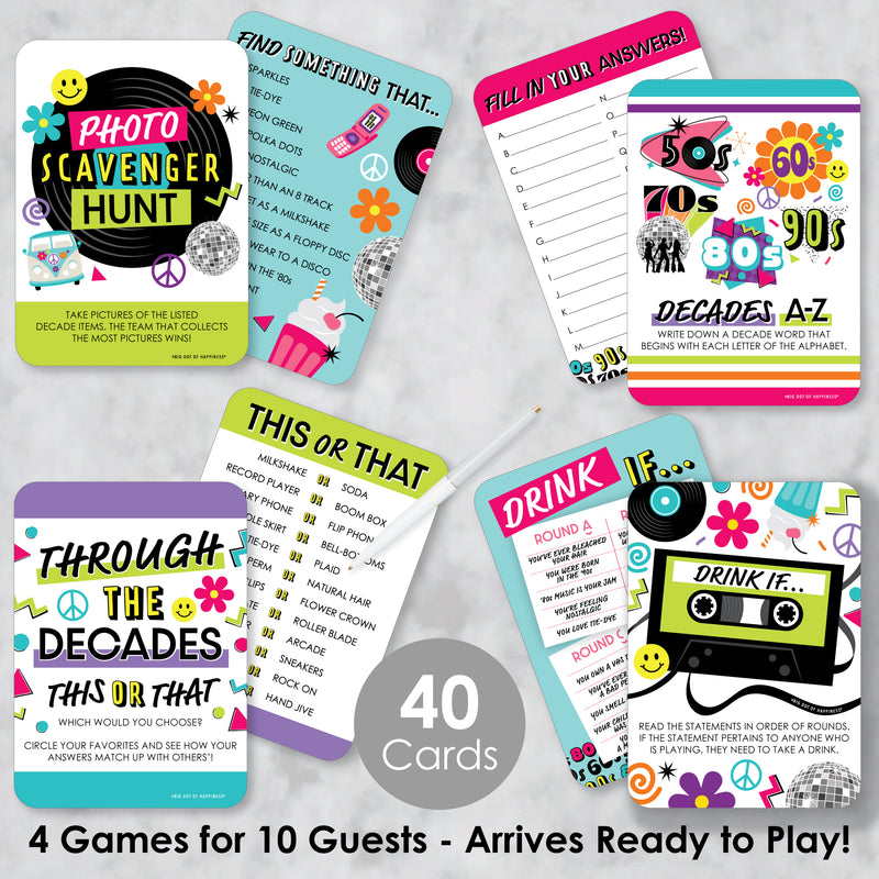 Through the Decades - 4 50s, 60s, 70s, 80s, and 90s Party Games - 10 Cards Each - Gamerific Bundle