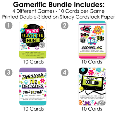 Through the Decades - 4 50s, 60s, 70s, 80s, and 90s Party Games - 10 Cards Each - Gamerific Bundle