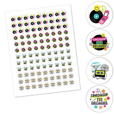 Through the Decades - 50s, 60s, 70s, 80s, and 90s Party Round Candy Sticker Favors - Labels Fit Chocolate Candy (1 sheet of 108)