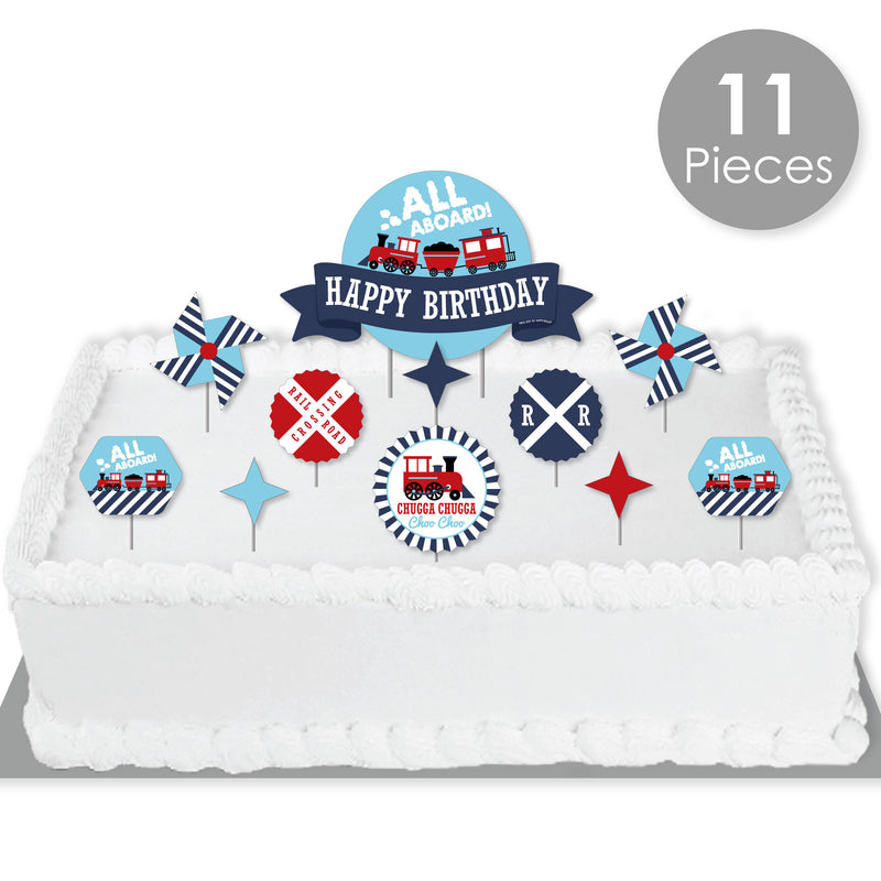 Railroad Party Crossing - Steam Train Birthday Party Cake Decorating Kit - Happy Birthday Cake Topper Set - 11 Pieces