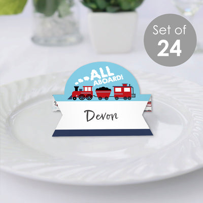 Railroad Party Crossing - Steam Train Birthday Party or Baby Shower Tent Buffet Card - Table Setting Name Place Cards - Set of 24