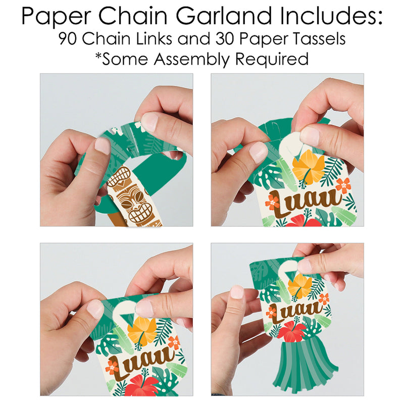 Tropical Luau - 90 Chain Links and 30 Paper Tassels Decoration Kit - Hawaiian Beach Party Paper Chains Garland - 21 feet