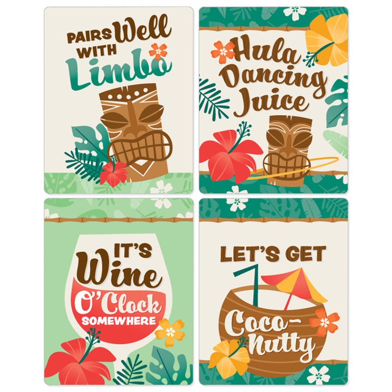 Tropical Luau - Hawaiian Beach Party Decorations for Women and Men - Wine Bottle Label Stickers - Set of 4