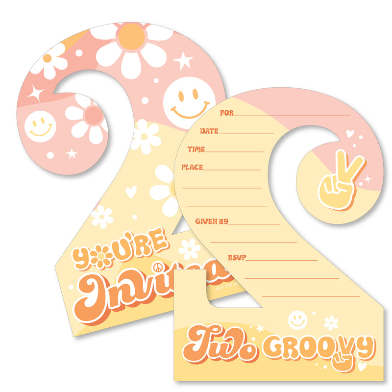 Two Groovy - Shaped Fill-In Invitations - Boho Hippie Second Birthday Party Invitation Cards with Envelopes - Set of 12