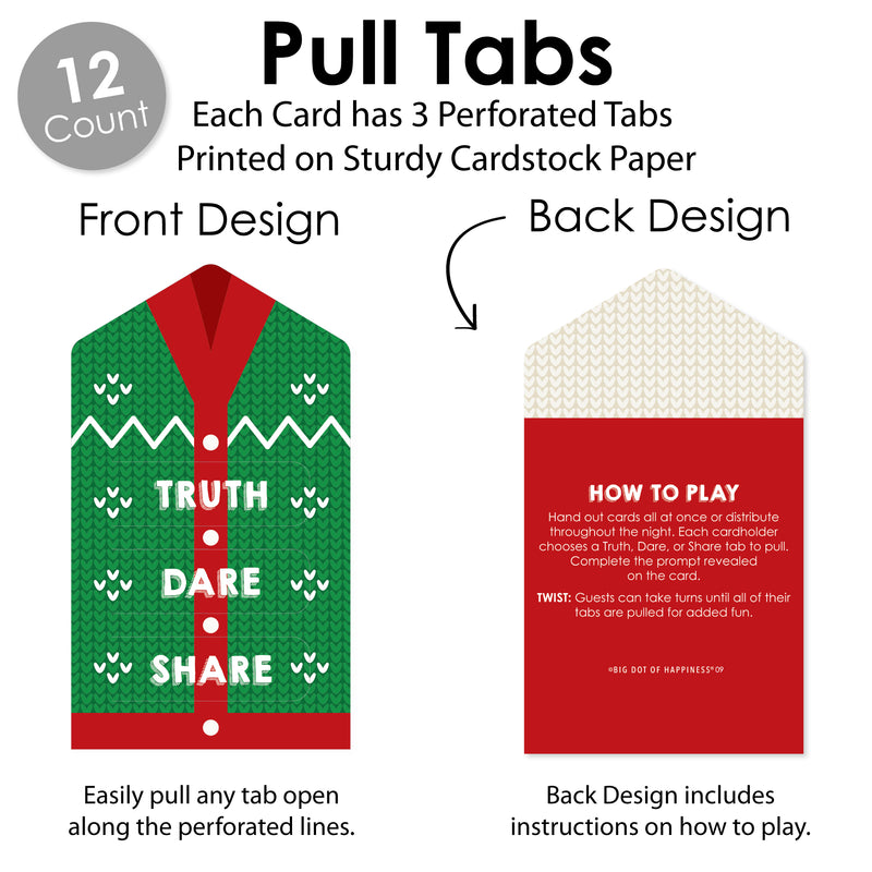 Ugly Sweater - Holiday and Christmas Party Game Pickle Cards - Truth, Dare, Share Pull Tabs - Set of 12
