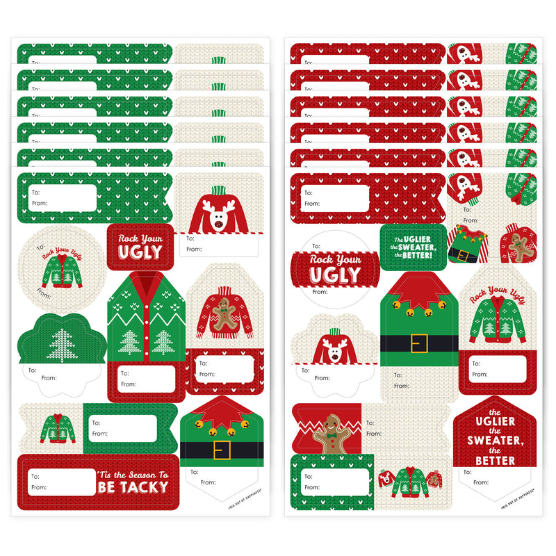 Ugly Sweater - Assorted Holiday and Christmas Party Gift Tag Labels - To and From Stickers - 12 Sheets - 120 Stickers