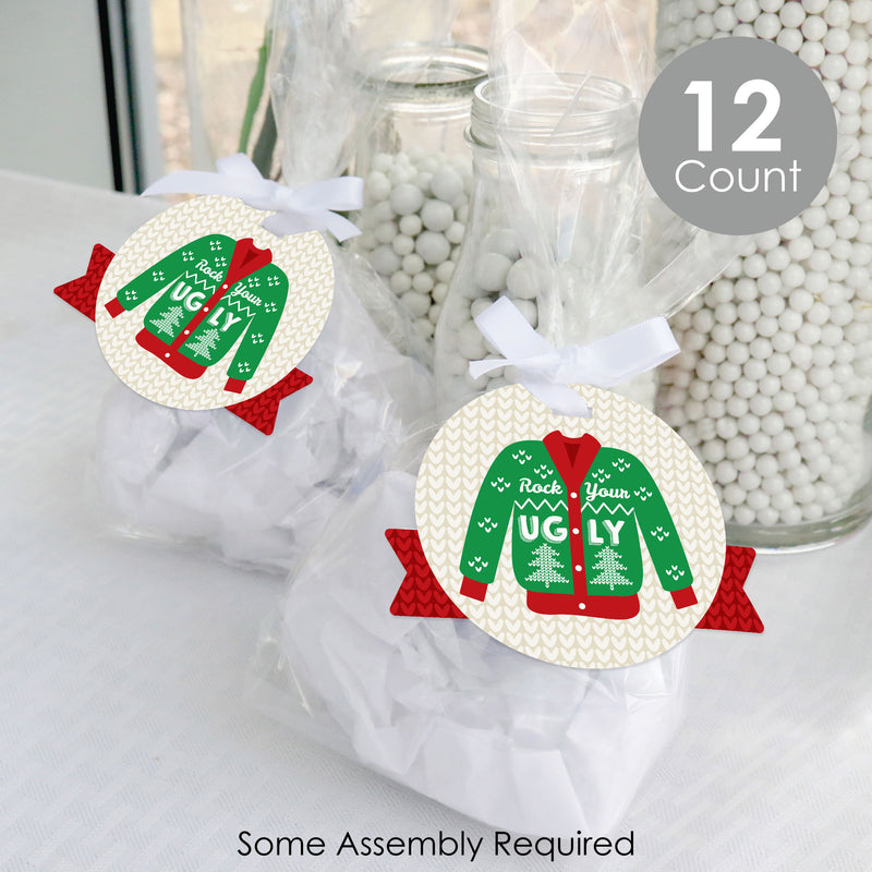 Ugly Sweater - Holiday and Christmas Party Clear Goodie Favor Bags - Treat Bags With Tags - Set of 12