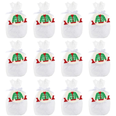 Ugly Sweater - Holiday and Christmas Party Clear Goodie Favor Bags - Treat Bags With Tags - Set of 12