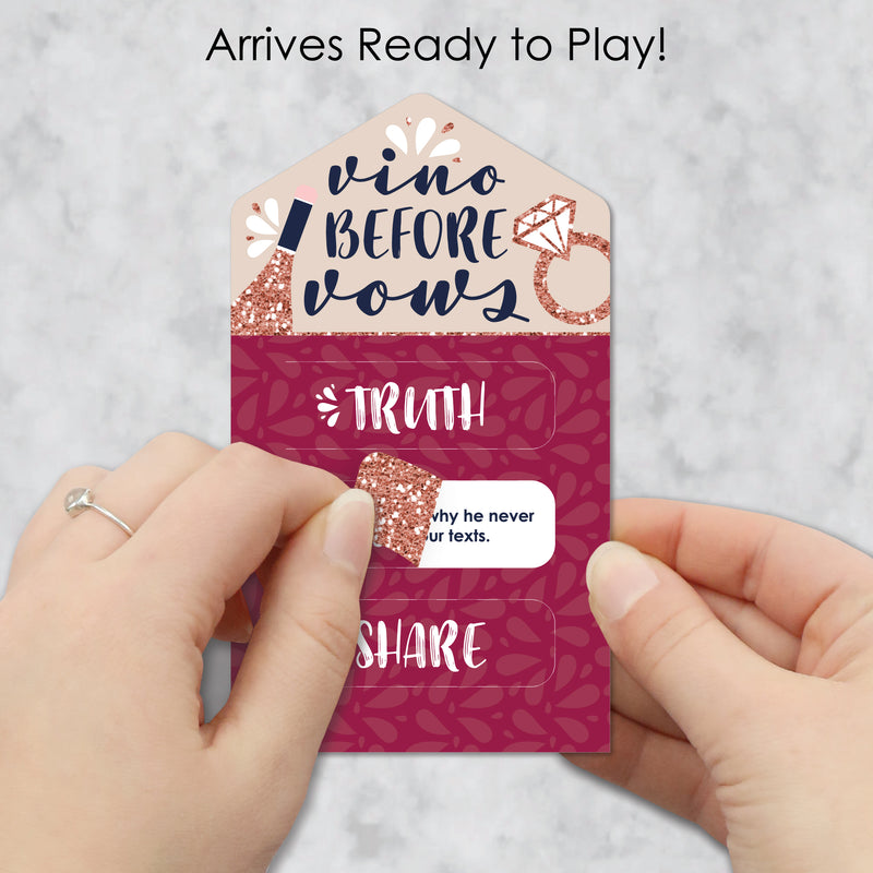 Vino Before Vows - Winery Bridal Shower or Bachelorette Party Game Pickle Cards - Truth, Dare, Share Pull Tabs - Set of 12