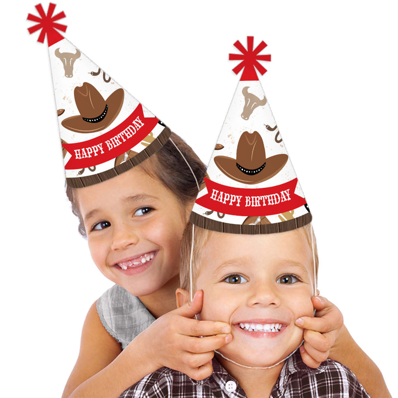 Western Hoedown - Cone Happy Birthday Party Hats for Kids and Adults - Set of 8 (Standard Size)