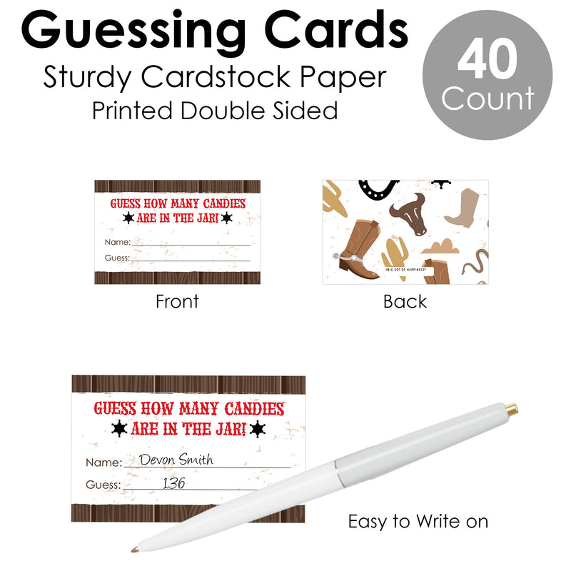 Western Hoedown - How Many Candies Wild West Cowboy Party Game - 1 Stand and 40 Cards - Candy Guessing Game