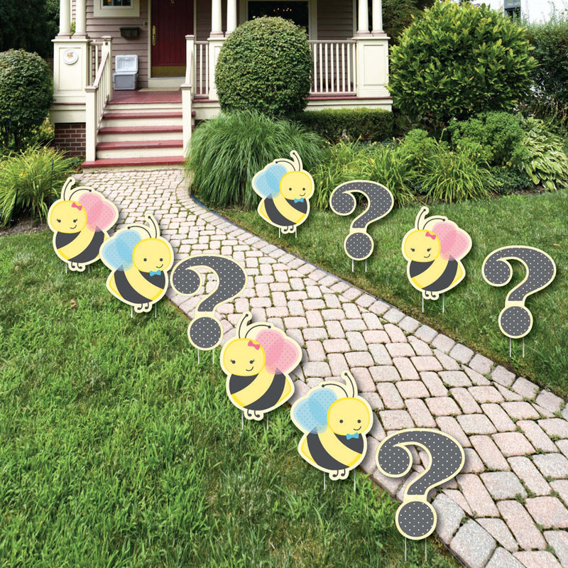 What Will It BEE? - Baby Bodysuit and Question Mark Lawn Decorations - Outdoor Gender Reveal Party Yard Decorations - 10 Piece