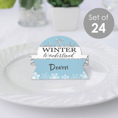 Winter Wonderland - Snowflake Holiday Party and Winter Wedding Tent Buffet Card - Table Setting Name Place Cards - Set of 24