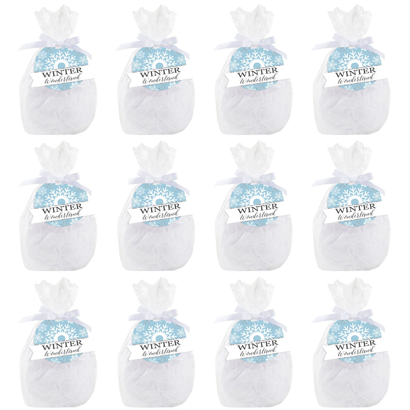Winter Wonderland - Snowflake Holiday Party and Winter Wedding Clear Goodie Favor Bags - Treat Bags With Tags - Set of 12