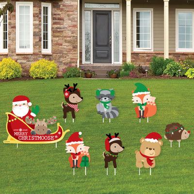 Woodland Christmas Sleigh - Yard Sign and Outdoor Lawn Decorations - Merry Christmoose Holiday Party Yard Signs - Set of 8