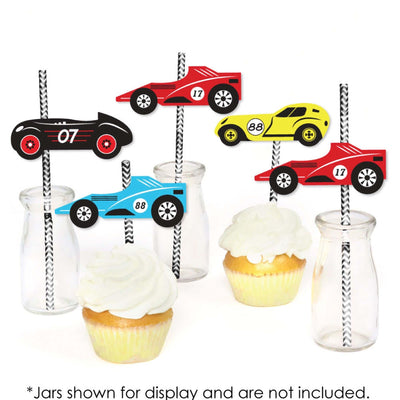 Let's Go Racing - Racecar - Paper Straw Decor - Race Car Birthday Party or Baby Shower Striped Decorative Straws - Set of 24