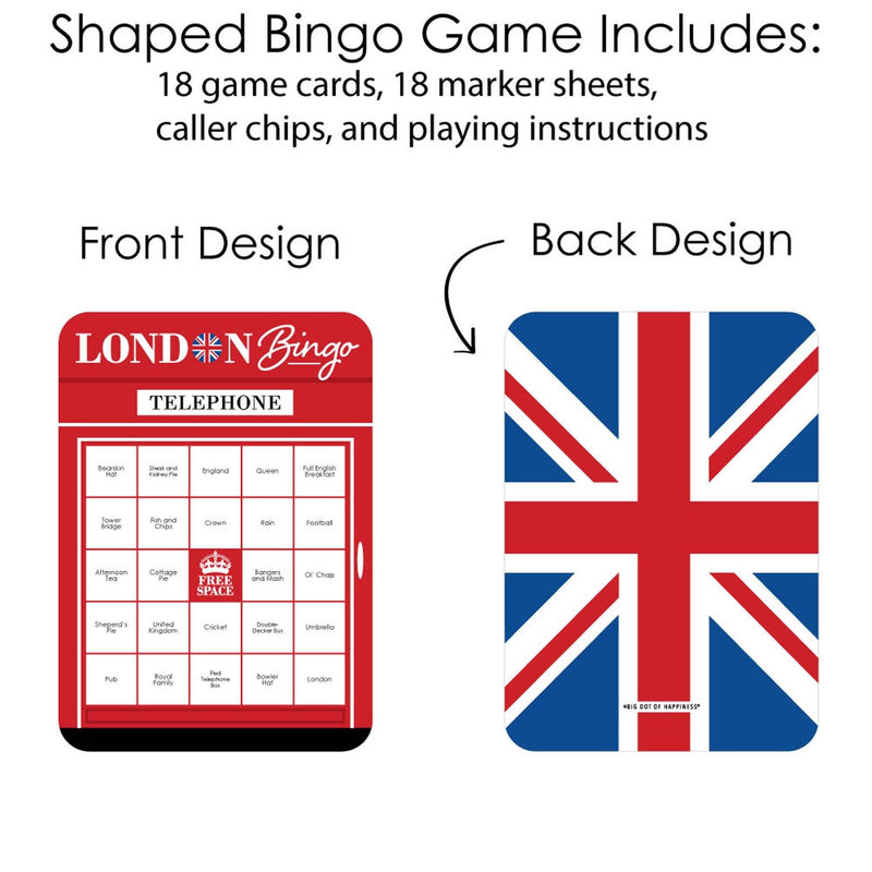 Cheerio, London - Bingo Cards and Markers - British UK Party Shaped Bingo Game - Set of 18