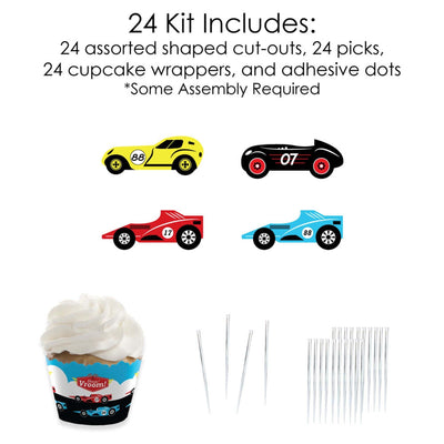 Let's Go Racing - Racecar - Cupcake Decoration - Race Car Birthday Party or Baby Shower Cupcake Wrappers and Treat Picks Kit - Set of 24