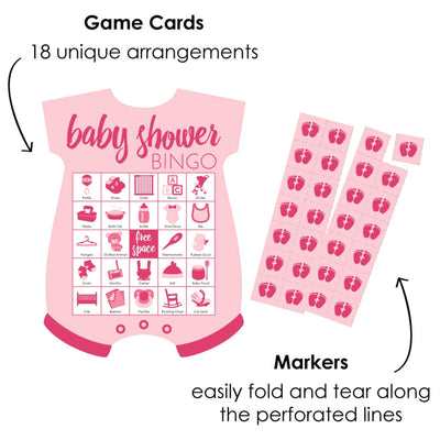 Baby Girl - Picture Bingo Cards and Markers - Pink Baby Shower Shaped Bingo Game - Set of 18