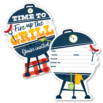 Fire Up the Grill - Shaped Fill-In Invitations - Summer BBQ Picnic Party Invitation Cards with Envelopes - Set of 12