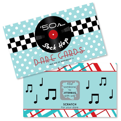50's Sock Hop - 1950s Rock N Roll Party Scratch Off Dare Cards - 22 Cards