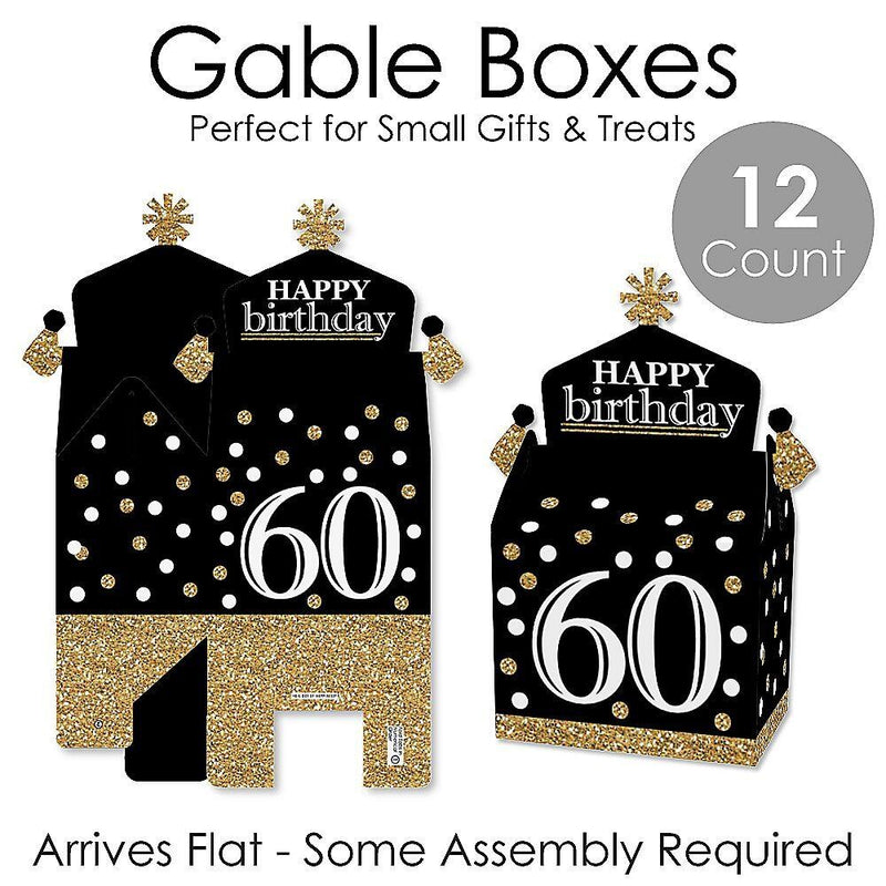 Adult 60th Birthday - Gold - Treat Box Party Favors - Birthday Party Goodie Gable Boxes - Set of 12