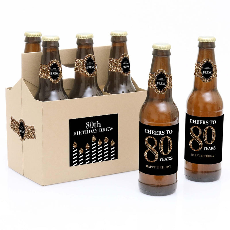 Adult 80th Birthday - Gold - Decorations for Women and Men - 6 Beer Bottle Labels and 1 Carrier - Birthday Gift