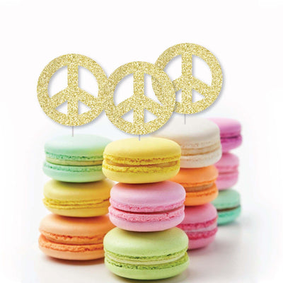 Gold Glitter Peace Sign - No-Mess Real Gold Glitter Dessert Cupcake Toppers - 60's Hippie Groovy Party Clear Treat Picks - Set of 24