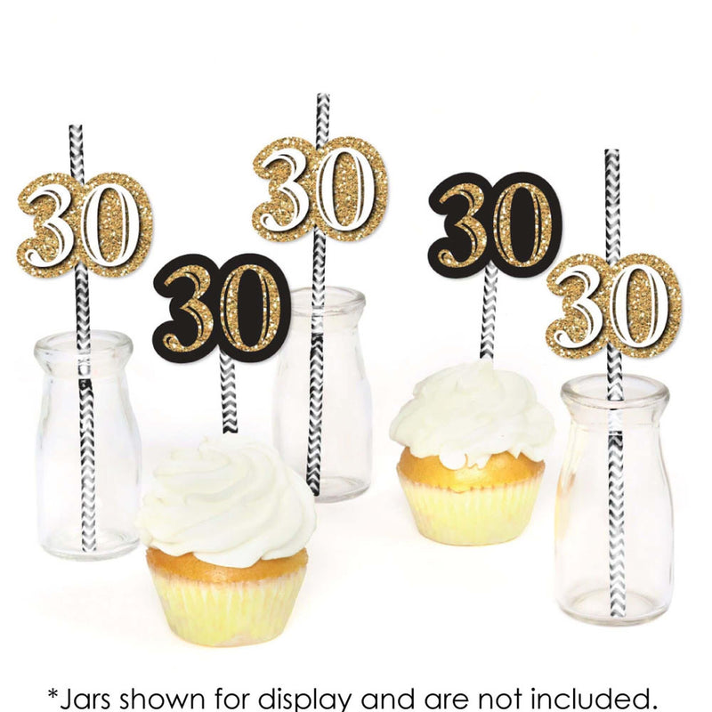 Adult 30th Birthday - Gold - Paper Straw Decor - Birthday Party Striped Decorative Straws - Set of 24